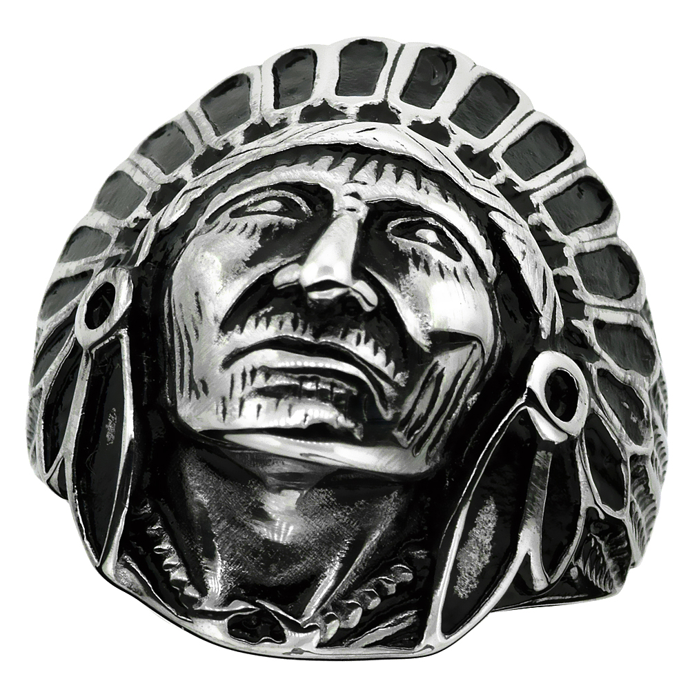 SURGICAL STAINLESS STEEL BIKER RING INDIAN CHIEF HEAD 1 3/16 INCH WIDE SIZES 9 - 15