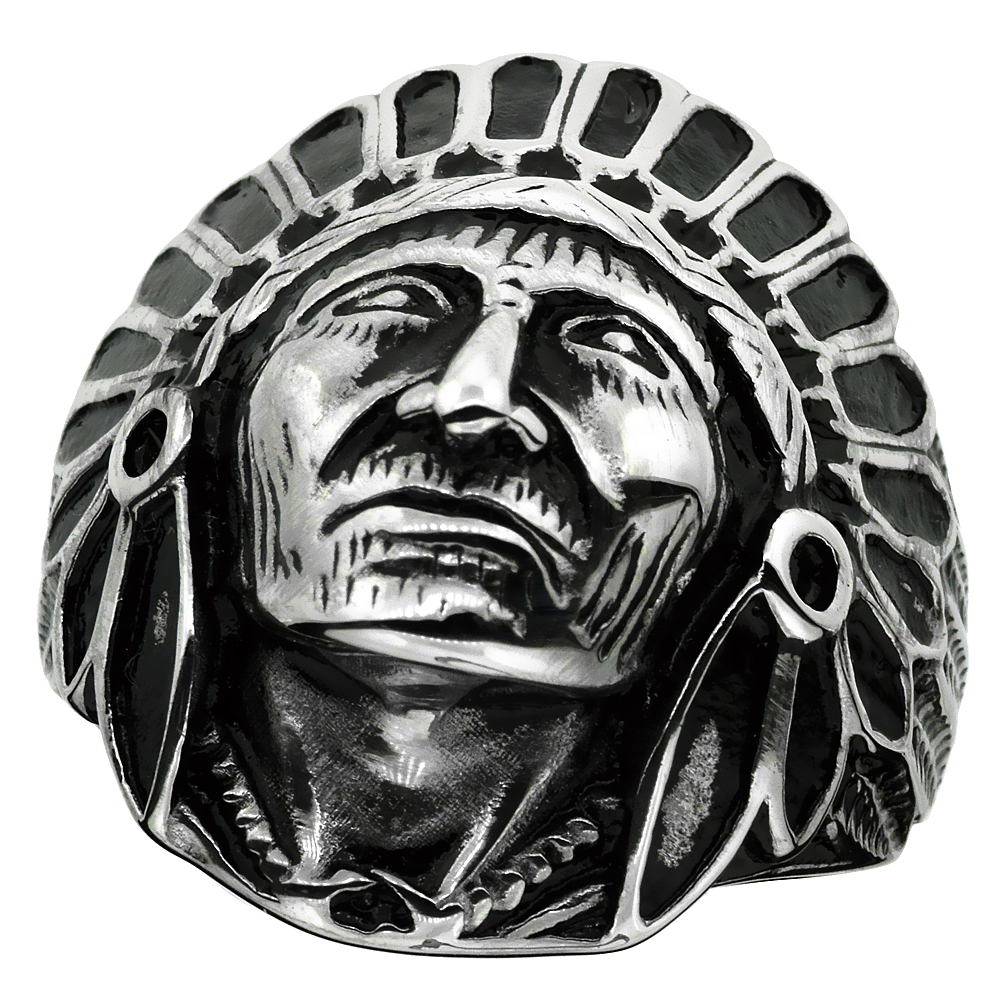 Surgical Stainless Steel Biker Ring Indian Chief Head 1 3/16 inch wide, sizes 9 - 15
