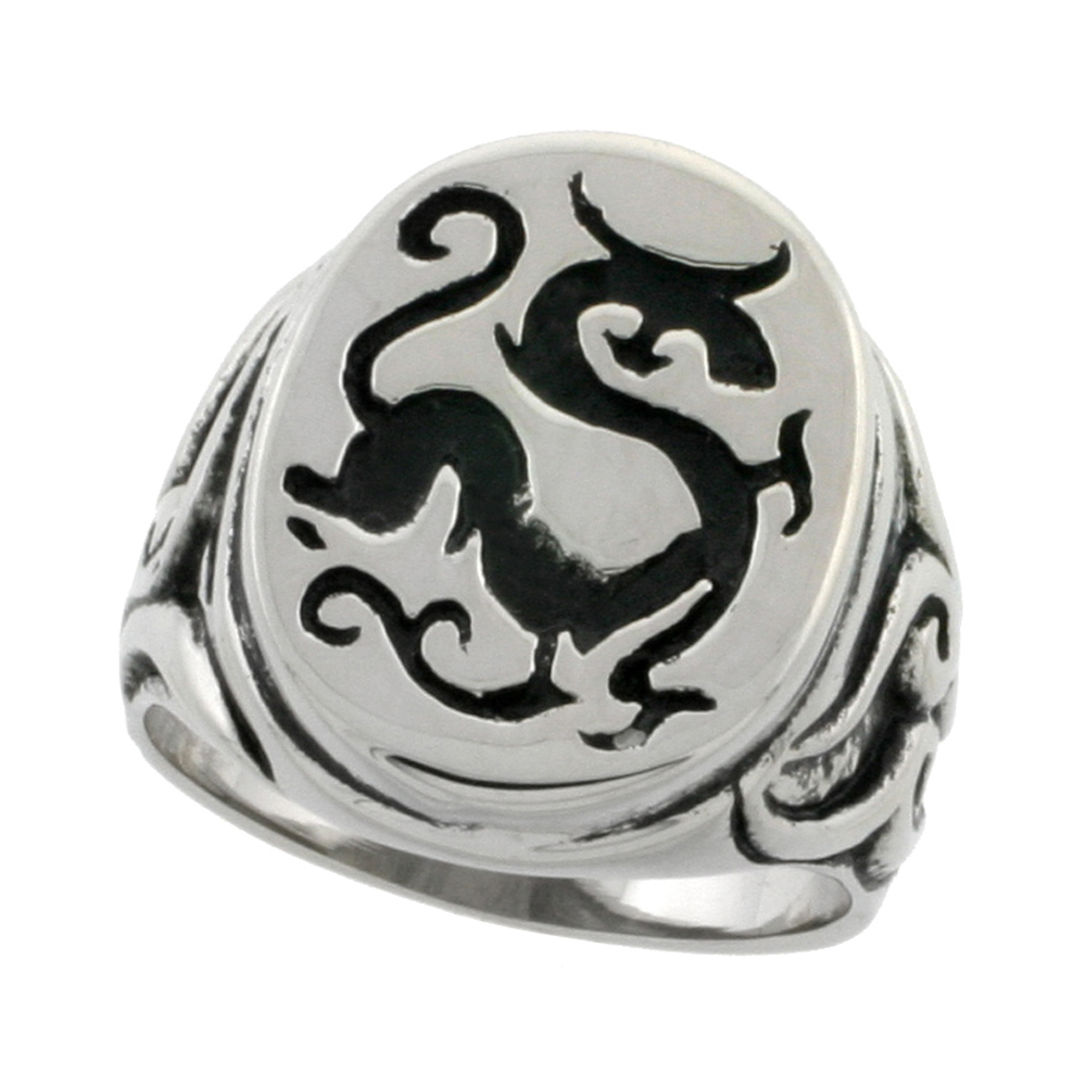 STAINLESS STEEL CHINESE DRAGON RING SIGNET STYLE BIKER RING FOR MEN 7/8 INCH SIZES 9 - 15