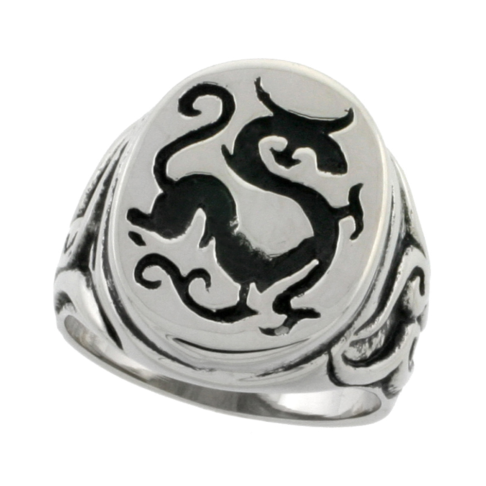 Stainless Steel Chinese Dragon Ring Signet Style Biker Rings for men 7/8 inch, sizes 9 - 15