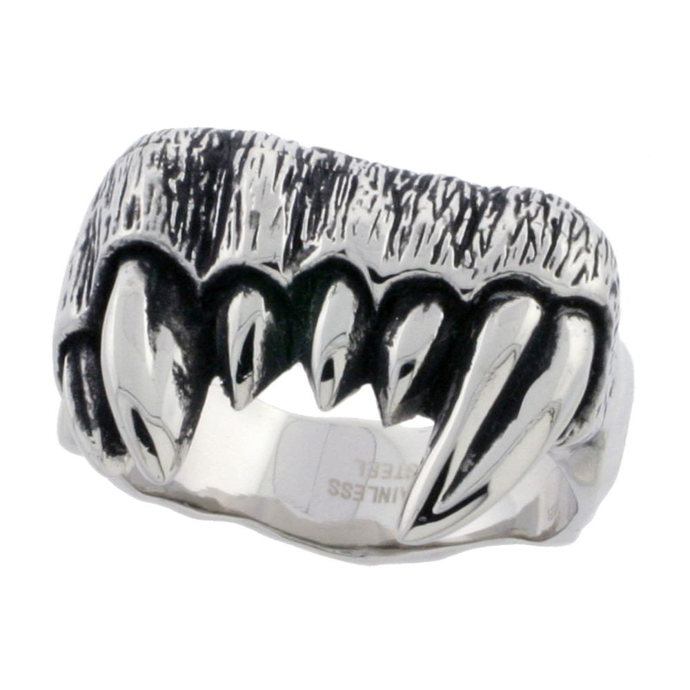 Stainless Steel Fangs Ring Biker Rings for men 3/4 inch, sizes 9 - 15