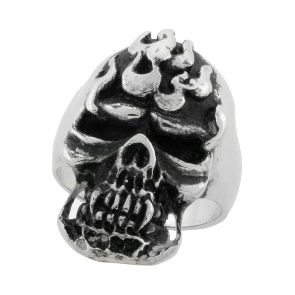 STAINLESS STEEL SKULL RING WITH FLAMES BIKER RING FOR MEN 1 1/4 INCH SIZES 9 - 15