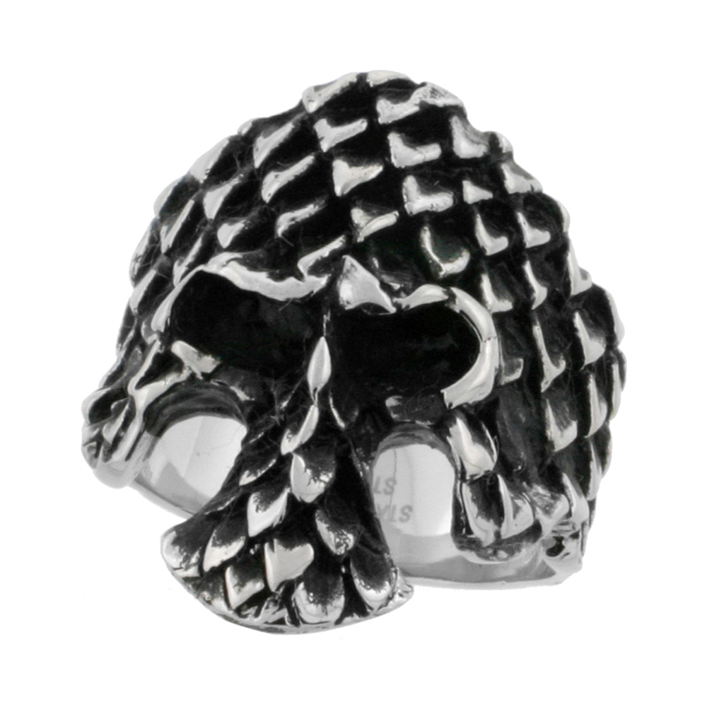 Stainless Steel Skull Ring Scaly Armor biker Rings for men 1 3/16 inch, sizes 9 - 15
