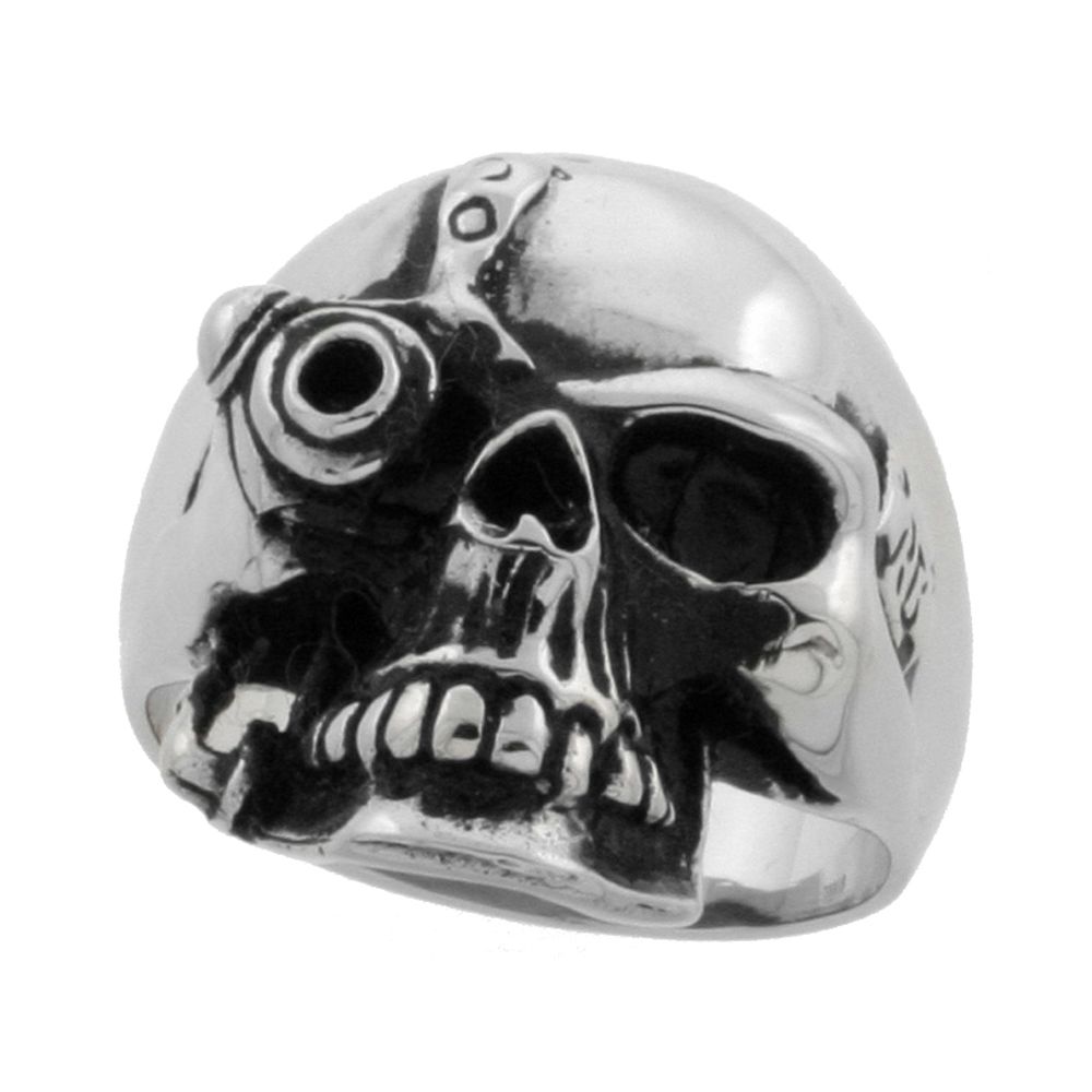 Stainless Steel Cyborg Skull Ring Biker Rings for men 9/16 inch, sizes 9 - 15