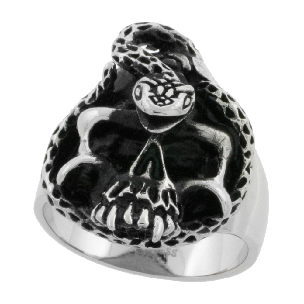 Stainless Steel Skull Ring Snake biker Rings for men 1 3/16 inch sizes 9 - 15