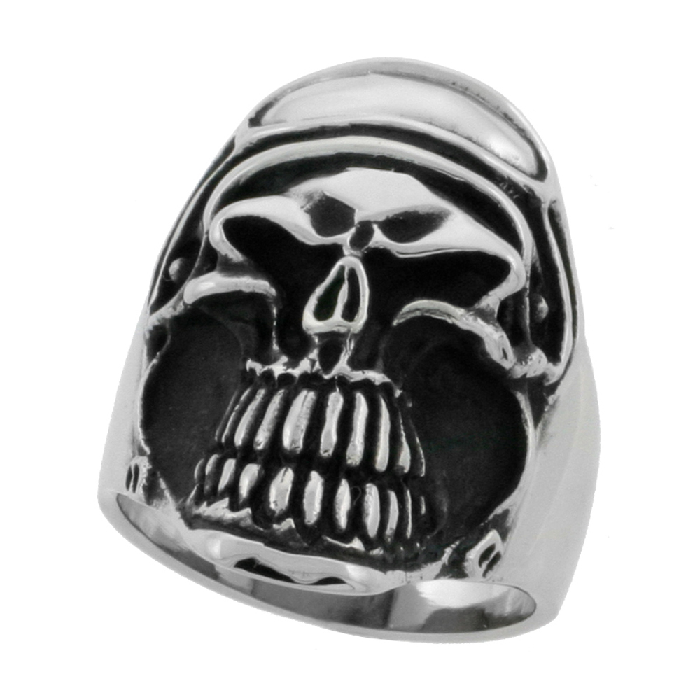 Stainless Steel Skull Ring Helmet and Goggles biker Rings for men 1 1/4 inch, sizes 10 - 15