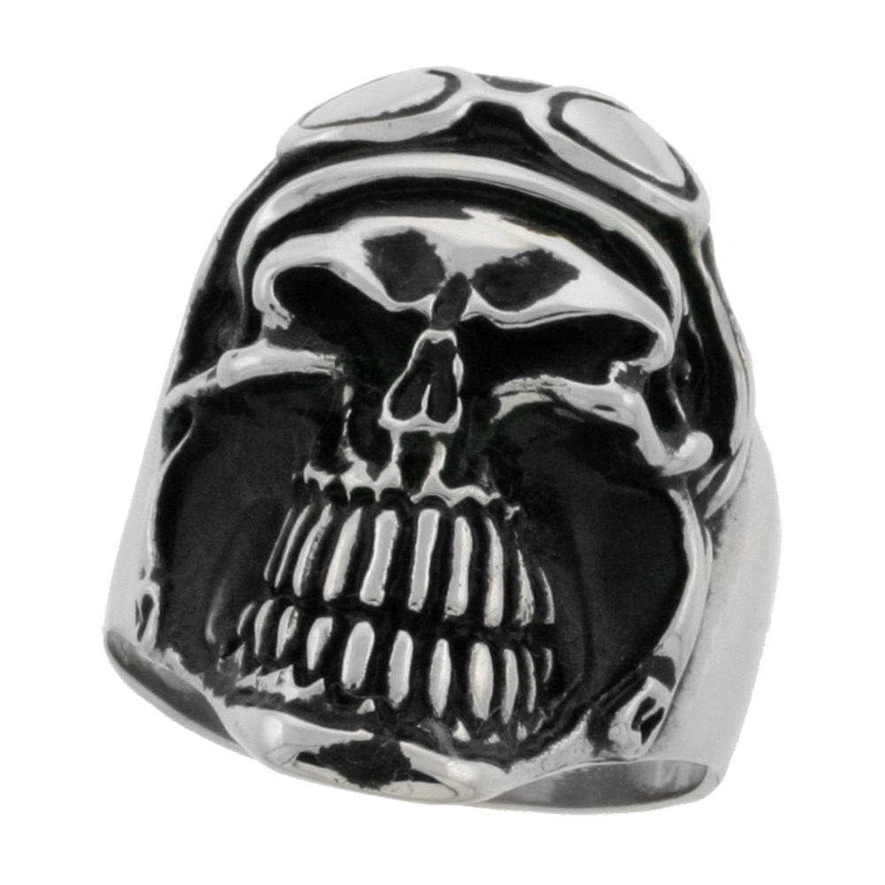 Stainless Steel Skull Ring Helmet and Goggles biker Rings for men 1 1/4 inch, sizes 10 - 15