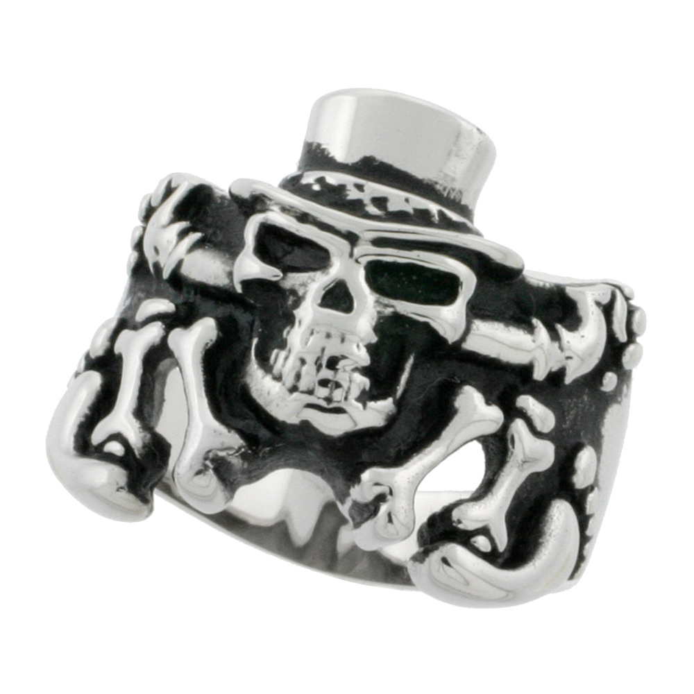 Stainless Steel Skeleton Ring Top Hat Biker Rings for men 7/8 inch, sizes 9 - 15