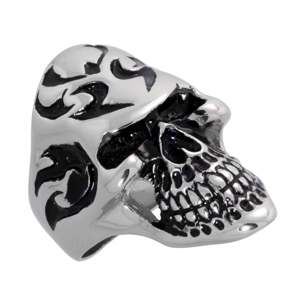 Stainless Steel Skull Tribal Tattoos Ring Biker Rings for men 1 3/8 inch, sizes 9 - 15