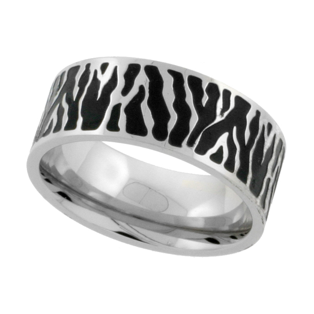 Surgical Stainless Steel Zebra Stripe Ring 9mm Wedding Band Blackened finish, sizes 7 - 14