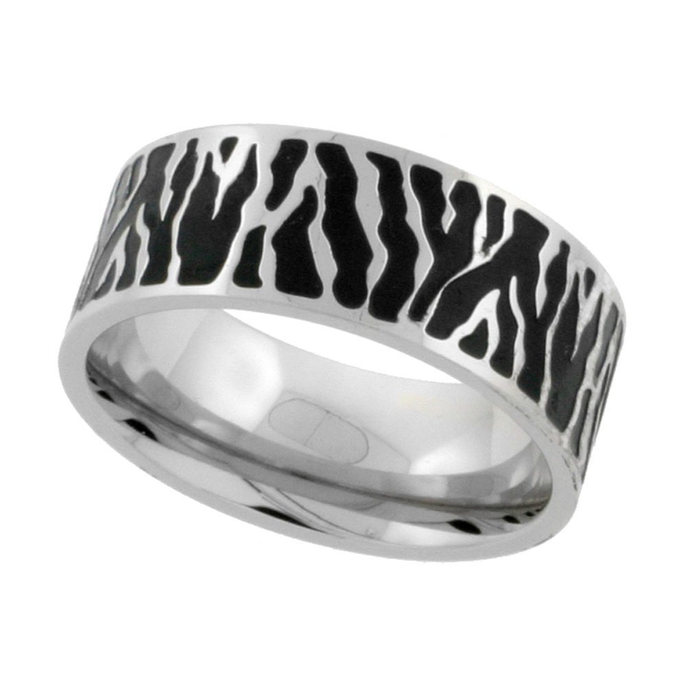 Surgical Stainless Steel Zebra Stripe Ring 9mm Wedding Band Blackened finish sizes 7 - 14