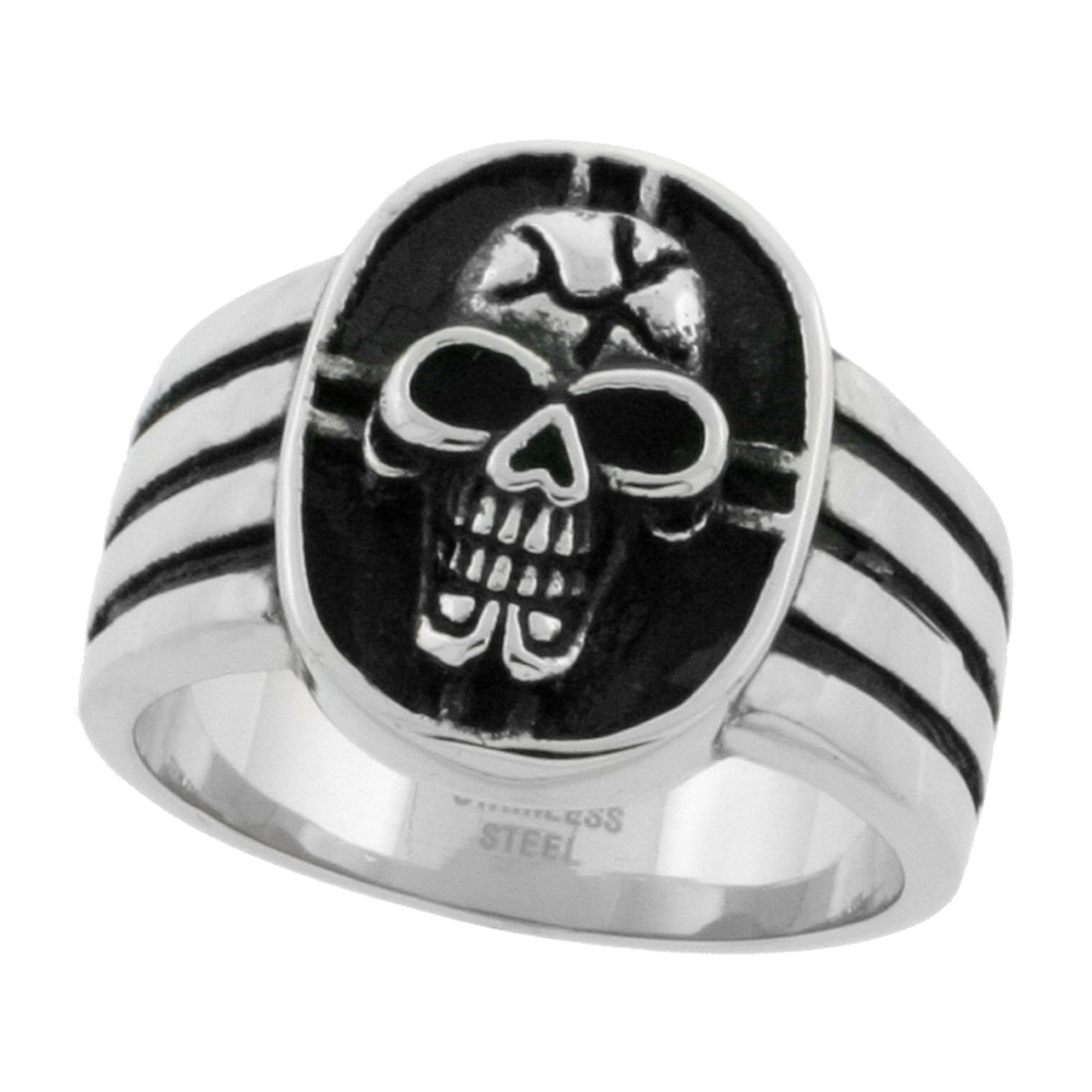 STAINLESS STEEL SKULL & CROSS BIKER RING FOR MEN 3/4 INCH SIZES 9 - 14
