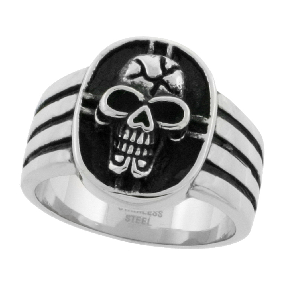 Stainless Steel Skull &amp; Cross Ring Biker Rings for men 3/4 inch, sizes 9 - 14