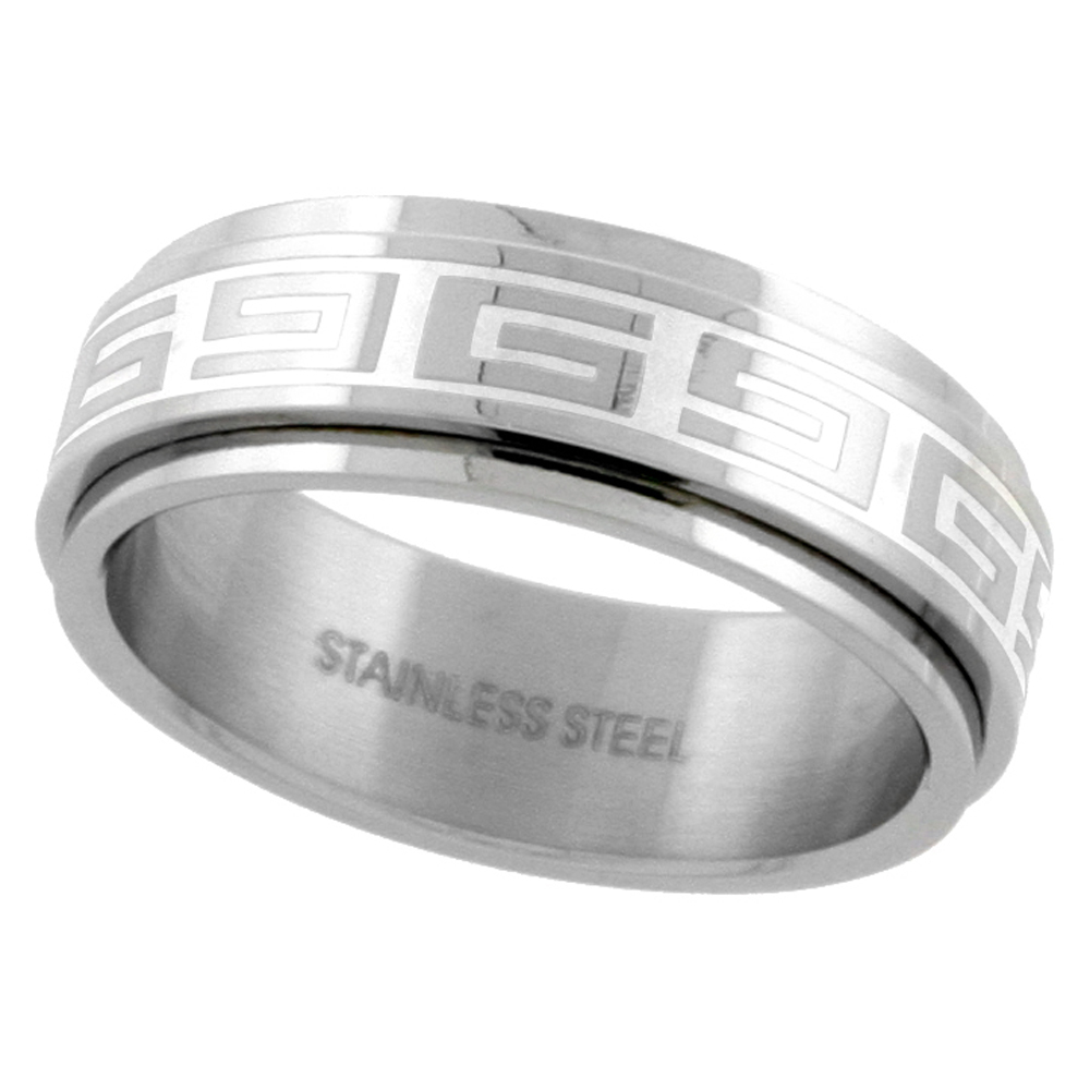 SURGICAL STAINLESS STEEL GREEK KEY SPINNER RING 8MM WEDDING BAND SIZES 7 - 14
