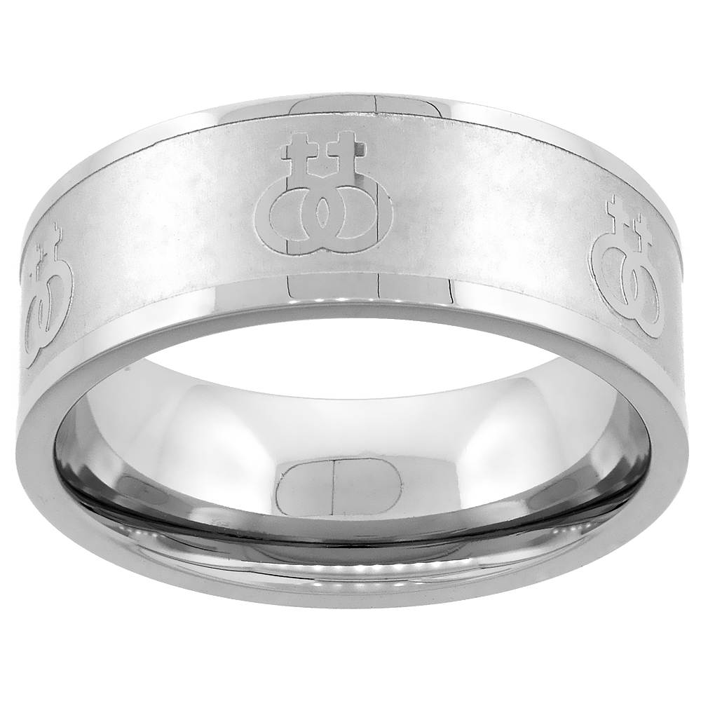 Stainless Steel Lesbian Symbols Ring 8mm Wedding Band, sizes 5 - 9