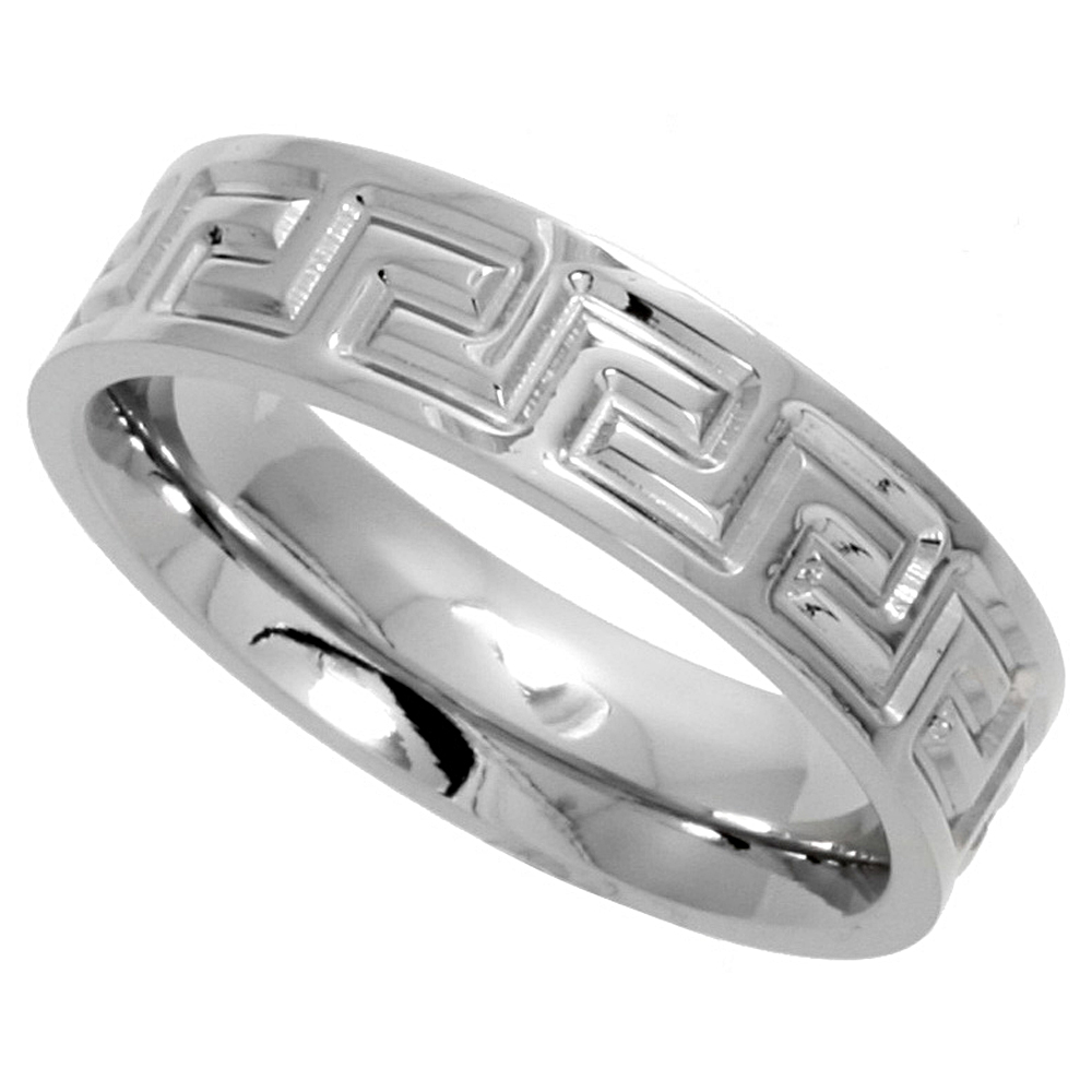 SURGICAL STAINLESS STEEL GREEK KEY RING 6MM WEDDING BAND COMFORT-FIT SIZES 6 - 14