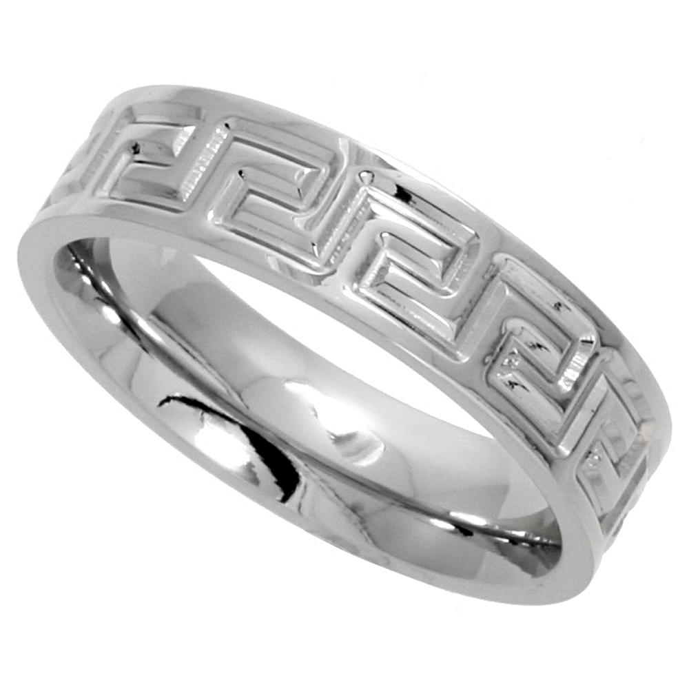 Surgical Stainless Steel Greek Key Ring 6mm Wedding Band Comfort-Fit, sizes 6 - 14