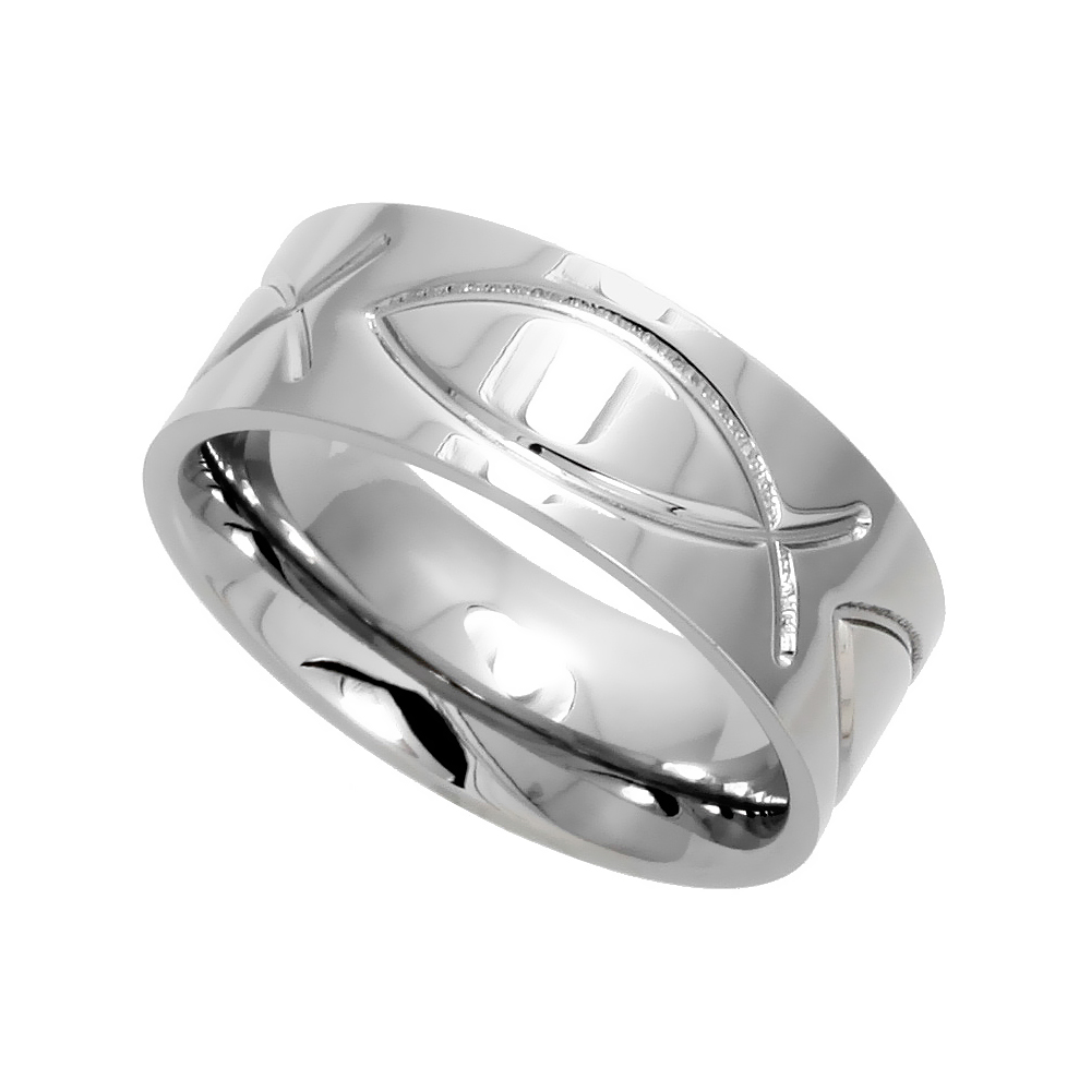 8mm Surgical Stainless Steel Christian Fish Wedding Band Ichthys Ring Comfort-Fit, sizes 6 - 14