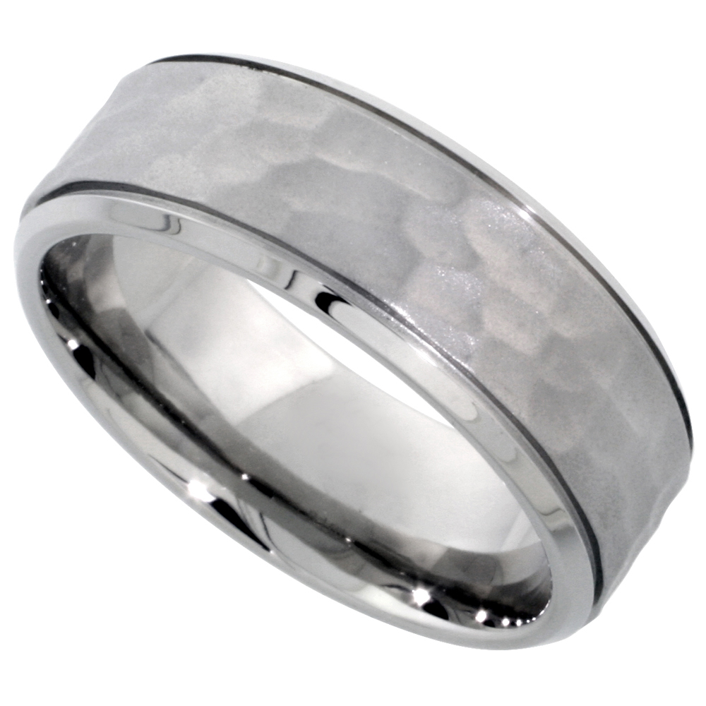 Surgical Stainless Steel 8mm Hammered Wedding Band Ring Grooved Beveled Edges Comfort-Fit sizes 8 - 14