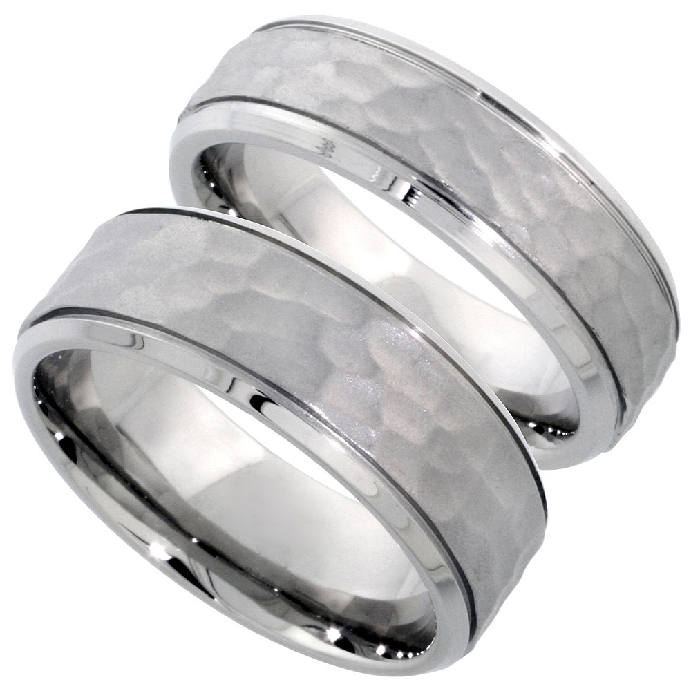 Stainless Steel Wedding Band Set Hammered 8 &amp; 6 mm His &amp; Hers Comfort Fit, sizes 5 - 14