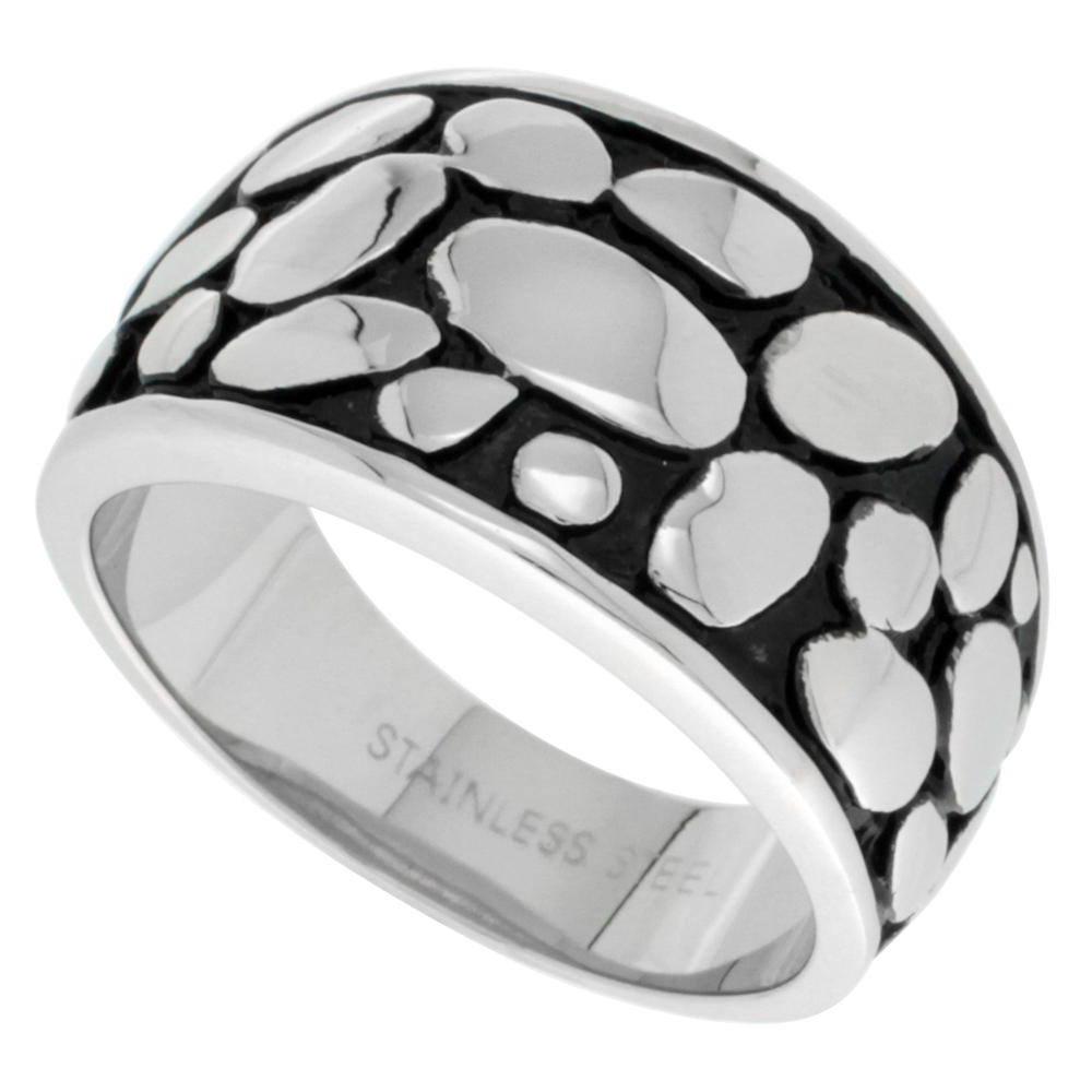 Surgical Stainless Steel Cigar Band Ring Bali Pebbles Pattern 1/2 inch wide, sizes 5 - 9