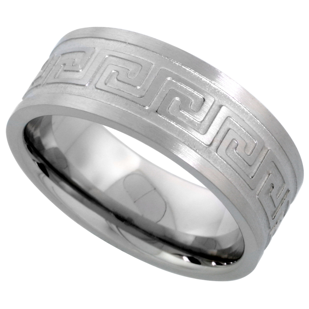 Surgical Stainless Steel 8mm Greek Key Wedding Band Ring Comfort-Fit, sizes 7 - 14