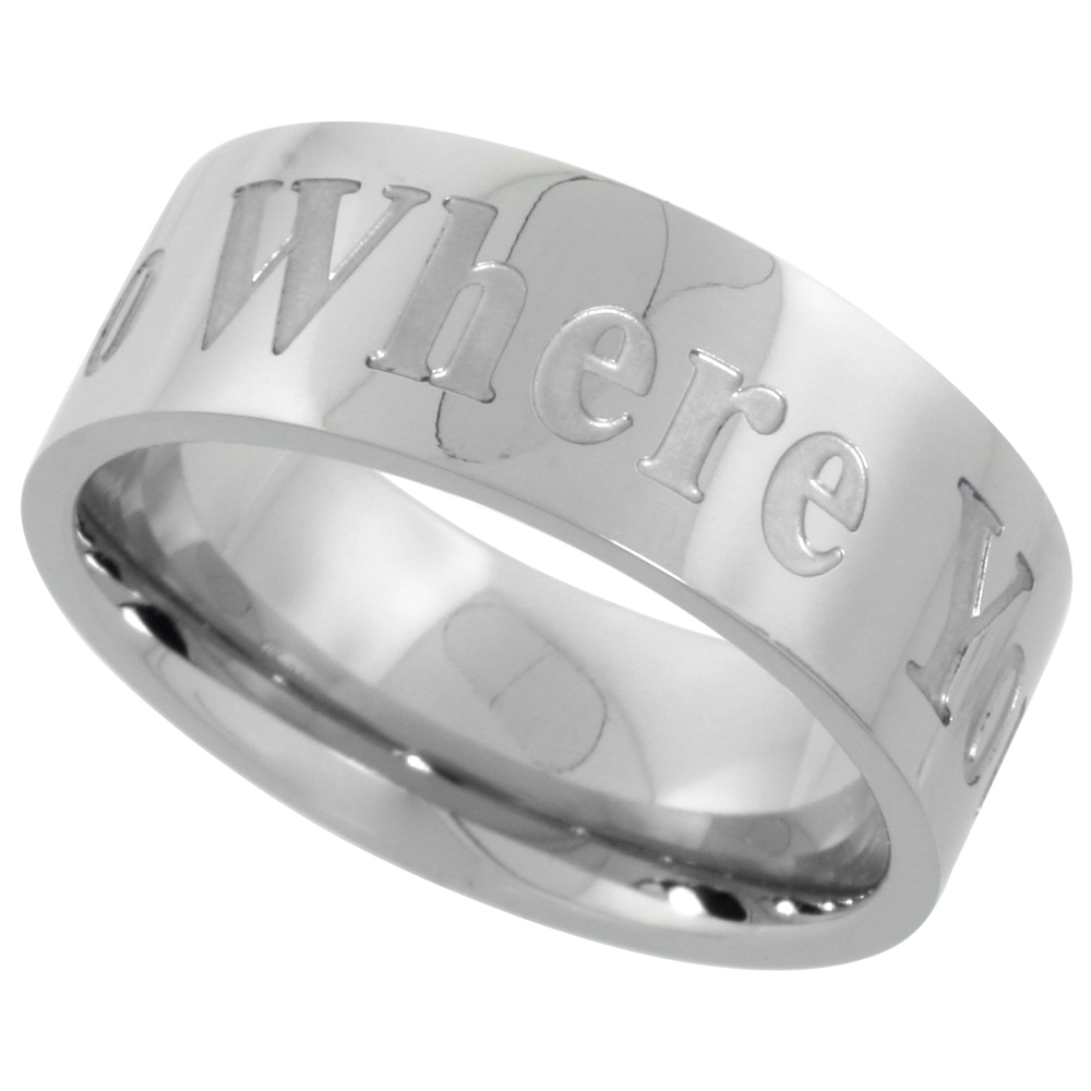 Surgical Stainless Steel 8mm WHERE YOU GO I WILL GO Wedding Band Ring Comfort-Fit, sizes 8 - 14