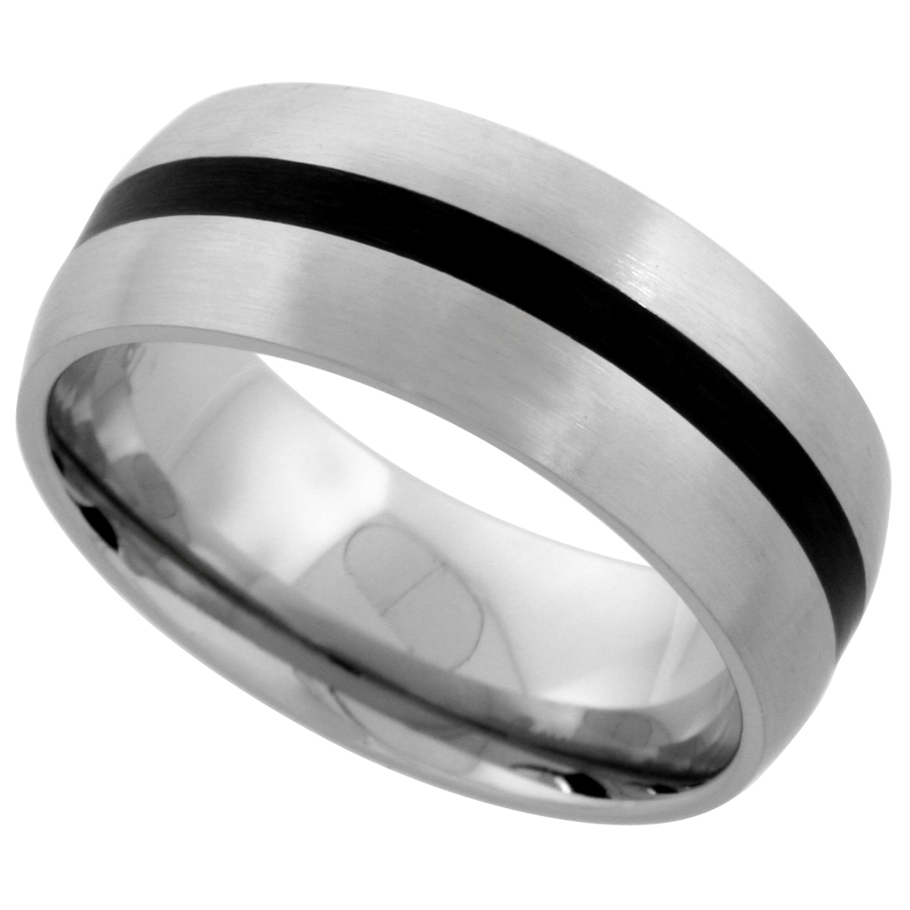 STAINLESS STEEL DOMED 8MM WEDDING BAND RING BLACK STRIPE INLAY CENTER MATTE FINISH COMFORT-FIT SIZES 7-14
