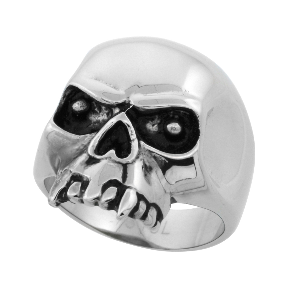 STAINLESS STEEL SKULL RING FANGS BIKER RING FOR MEN 1 INCH LONG