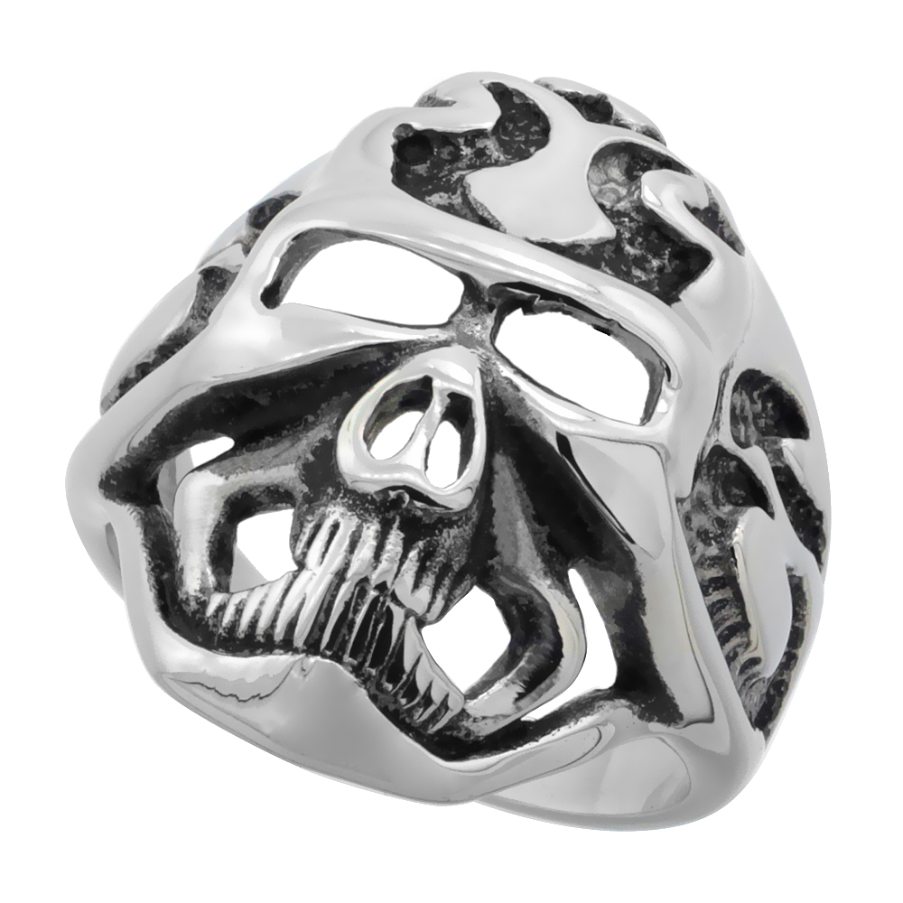 STAINLESS STEEL SKULL RING HEART AND TRIBAL TATTOOS BIKER RING FOR MEN 1 INCH LONG SIZES 5 - 9
