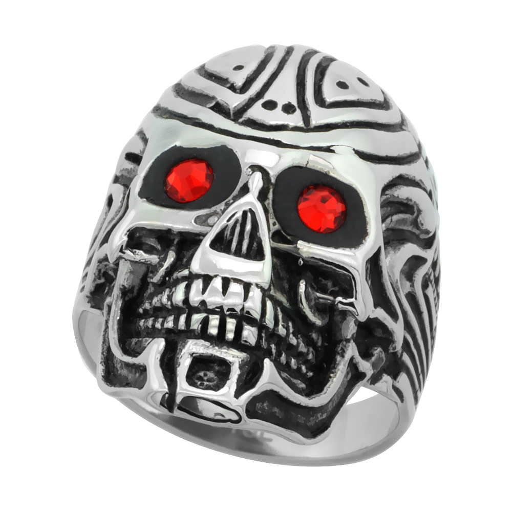 STAINLESS STEEL CYBORG SKULL RING TRIBAL TATTOOS RED CZ EYES BIKER RING FOR MEN 1 1/8 INCH SIZES 9 - 15