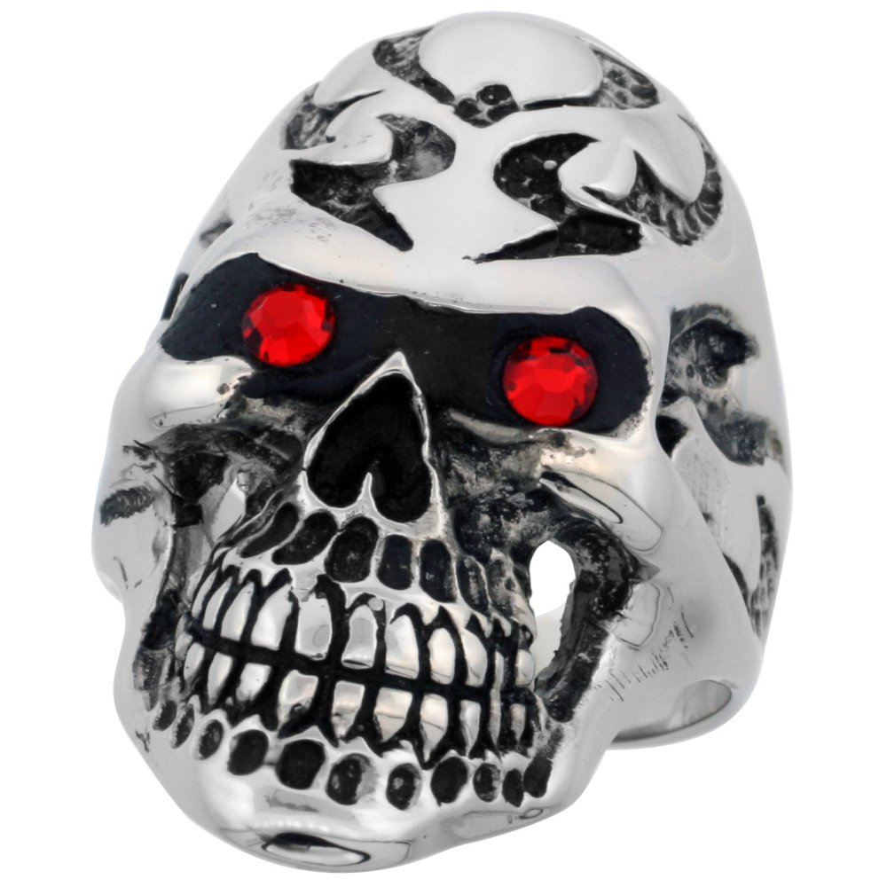 STAINLESS STEEL SKULL RING TRIBAL TATTOOS RED CZ EYES BIKER RING FOR MEN 1 3/8 INCH SIZES 9 - 15