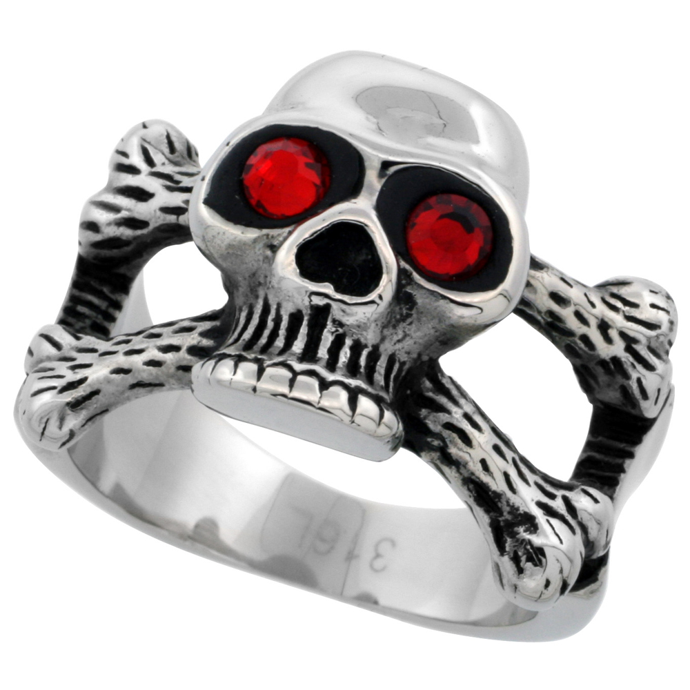 STAINLESS STEEL SKULL RING AND CROSS BONES RED CZ EYES BIKER RING FOR MEN 5/8 INCH SIZES 9 - 15