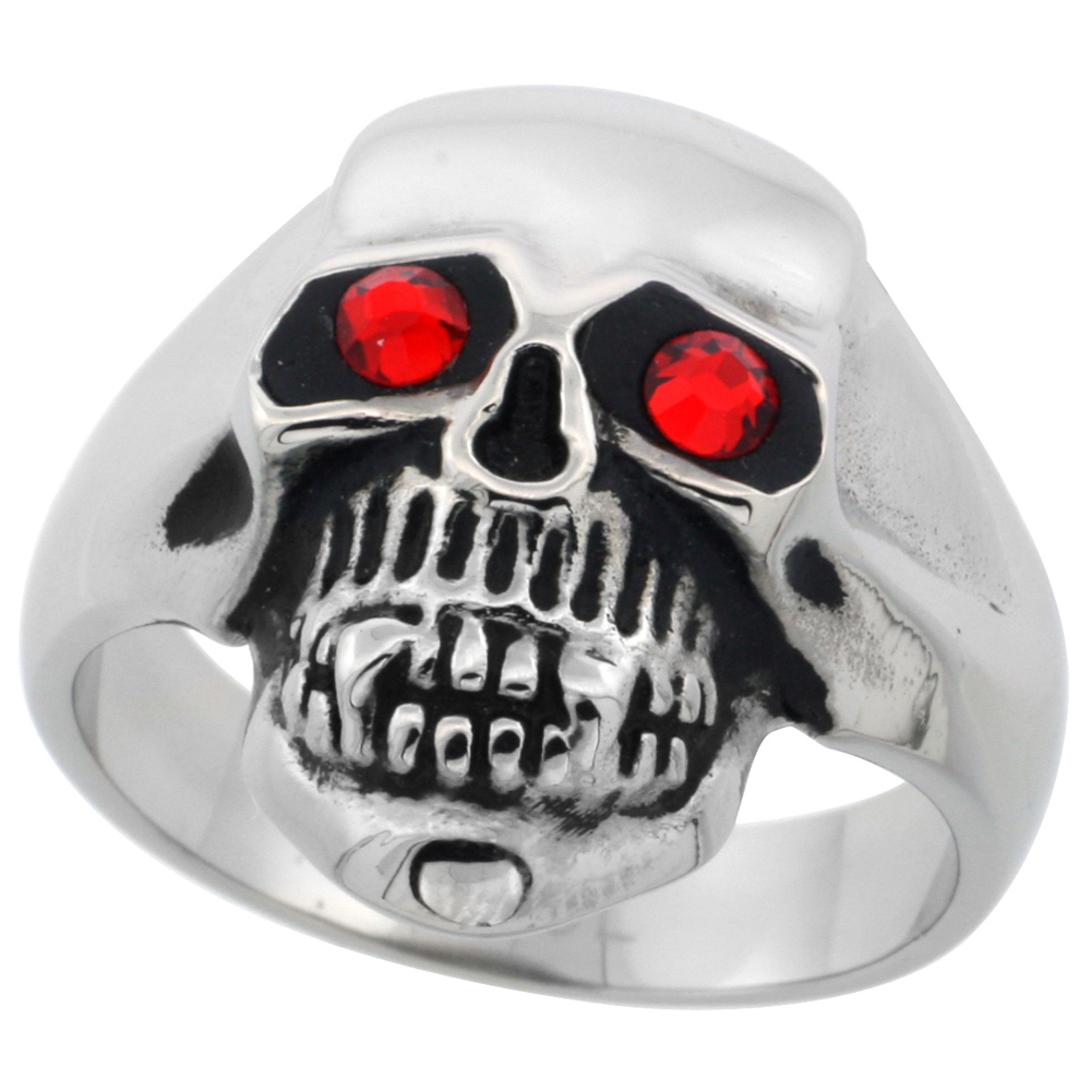 STAINLESS STEEL SKULL RING RED CZ EYES BIKER RING FOR MEN 3/4 INCH SIZES 9 - 15