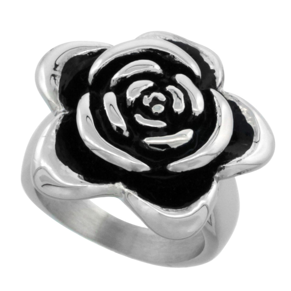 Stainless Steel Rose Ring for Women 13/16 inch, sizes 6 - 9