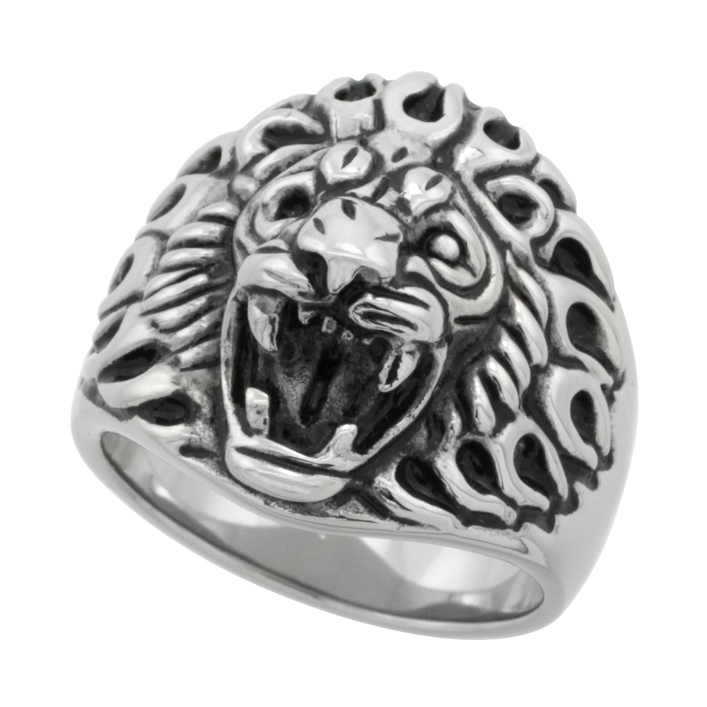 STAINLESS STEEL LION HEAD BIKER RING FOR MEN 3/4 INCH LONG SIZES 9 - 15