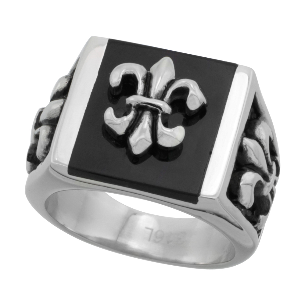 SURGICAL STAINLESS STEEL FLEUR DE LIS RING FOR MEN 1 INCH LONG SIZES 9 - 15