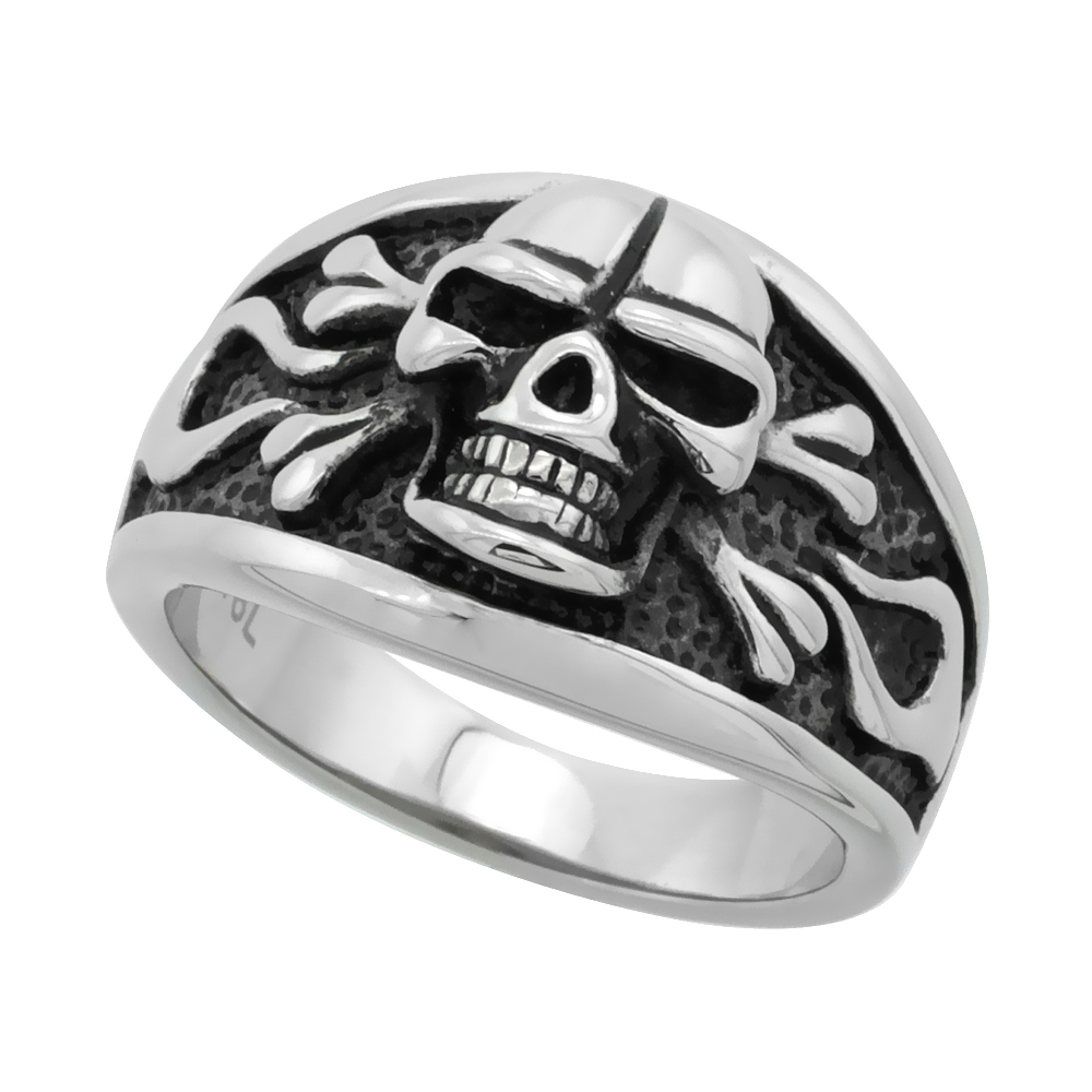 STAINLESS STEEL SKULL & CROSSBONES RING CIGAR BAND BIKER RING FOR MEN 9/16 INCH LONG SIZES 9 - 15