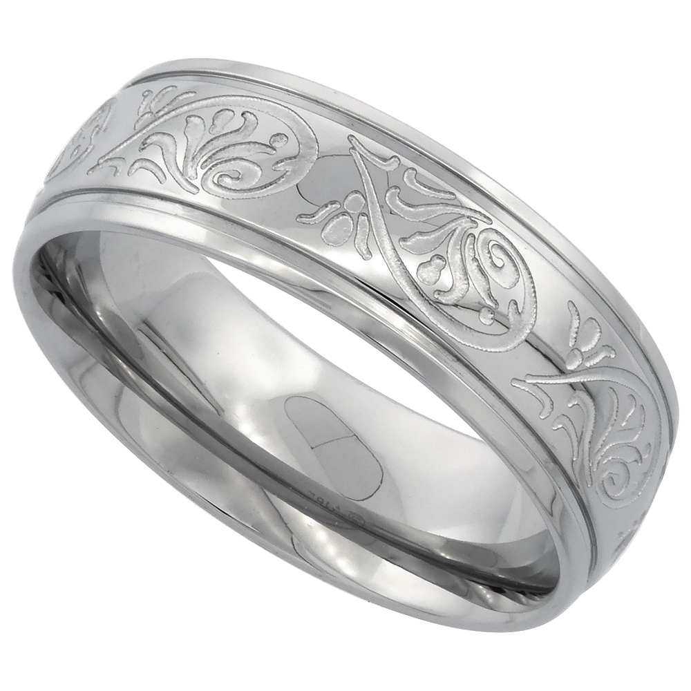 SURGICAL STAINLESS STEEL 7MM SCROLLWORK WEDDING BAND RING ENGRAVED COMFORT FIT SIZES 6 - 14