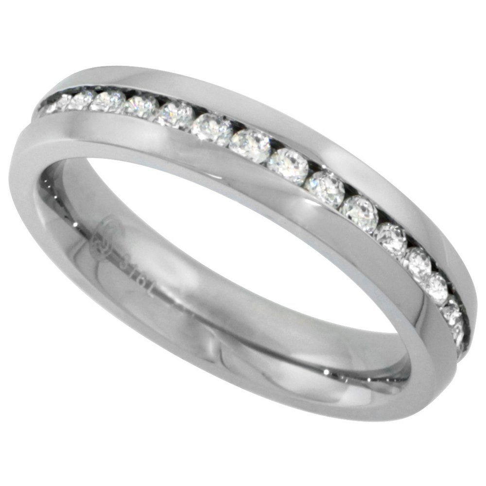 Surgical Stainless Steel Ladies 4mm CZ Eternity Ring Wedding Band Thin Comfort fit, sizes 5 - 9