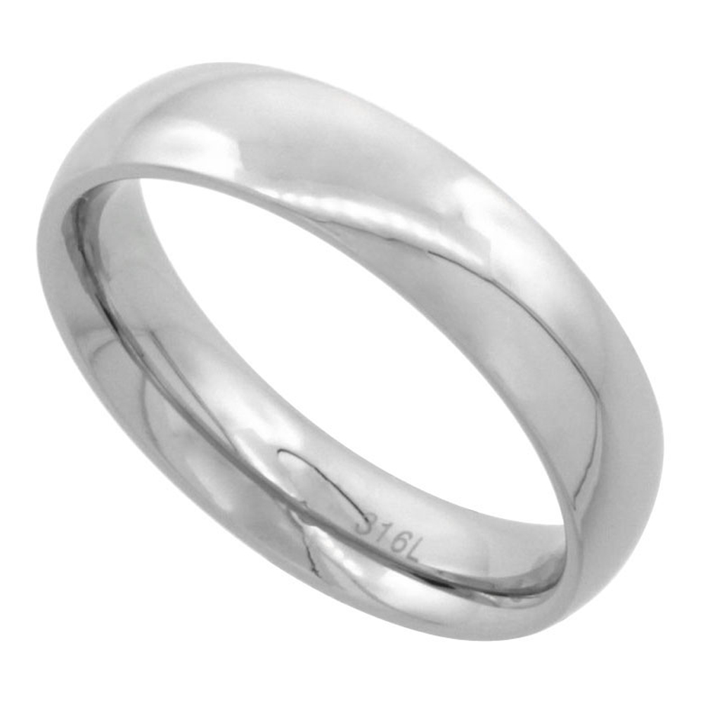Surgical Stainless Steel 5mm Domed Wedding Band Thumb Ring Comfort-Fit High Polish, sizes 5 - 12