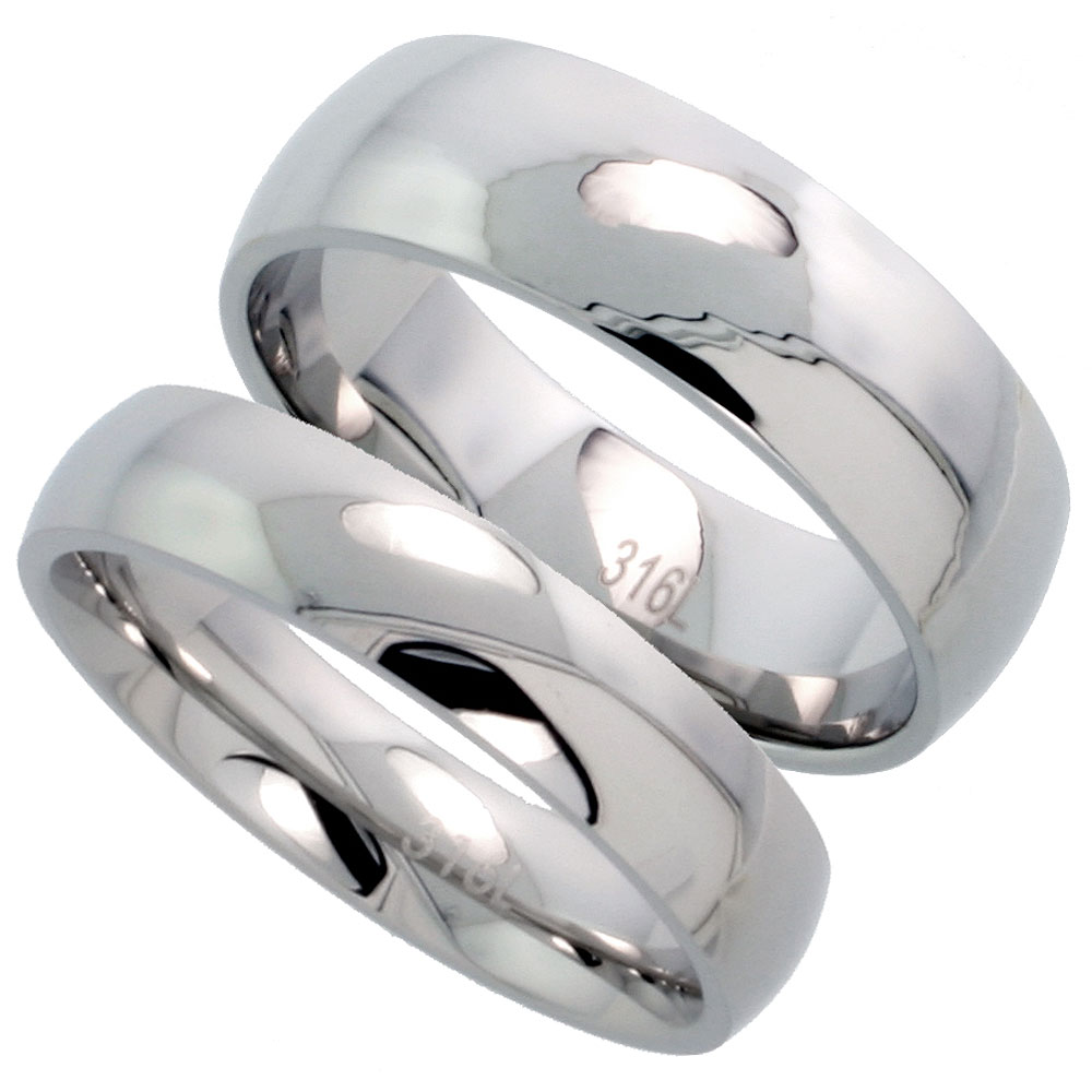 Stainless Steel Plain Wedding Band Set Domed 8 &amp; 5 mm His &amp; Hers Comfort Fit, sizes 5 - 15