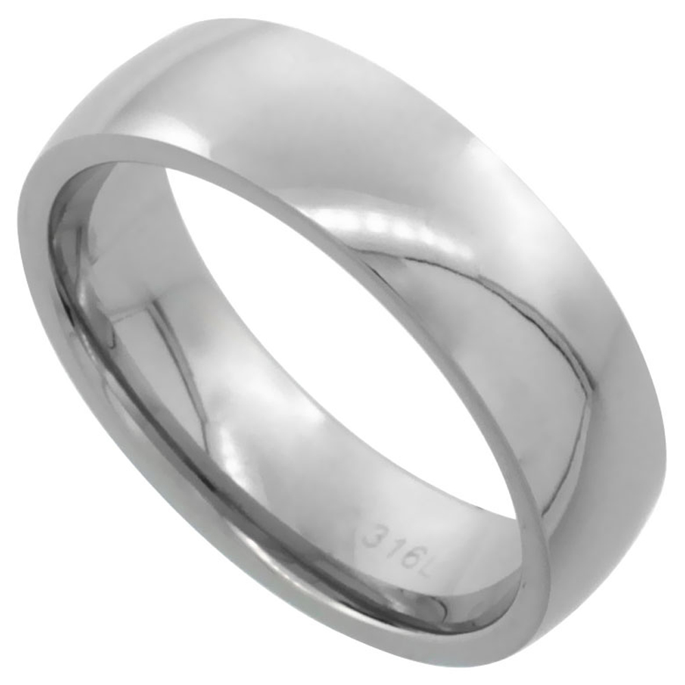 Surgical Stainless Steel 6mm Domed Wedding Band Thumb Ring Comfort-Fit High Polish, sizes 5 - 12
