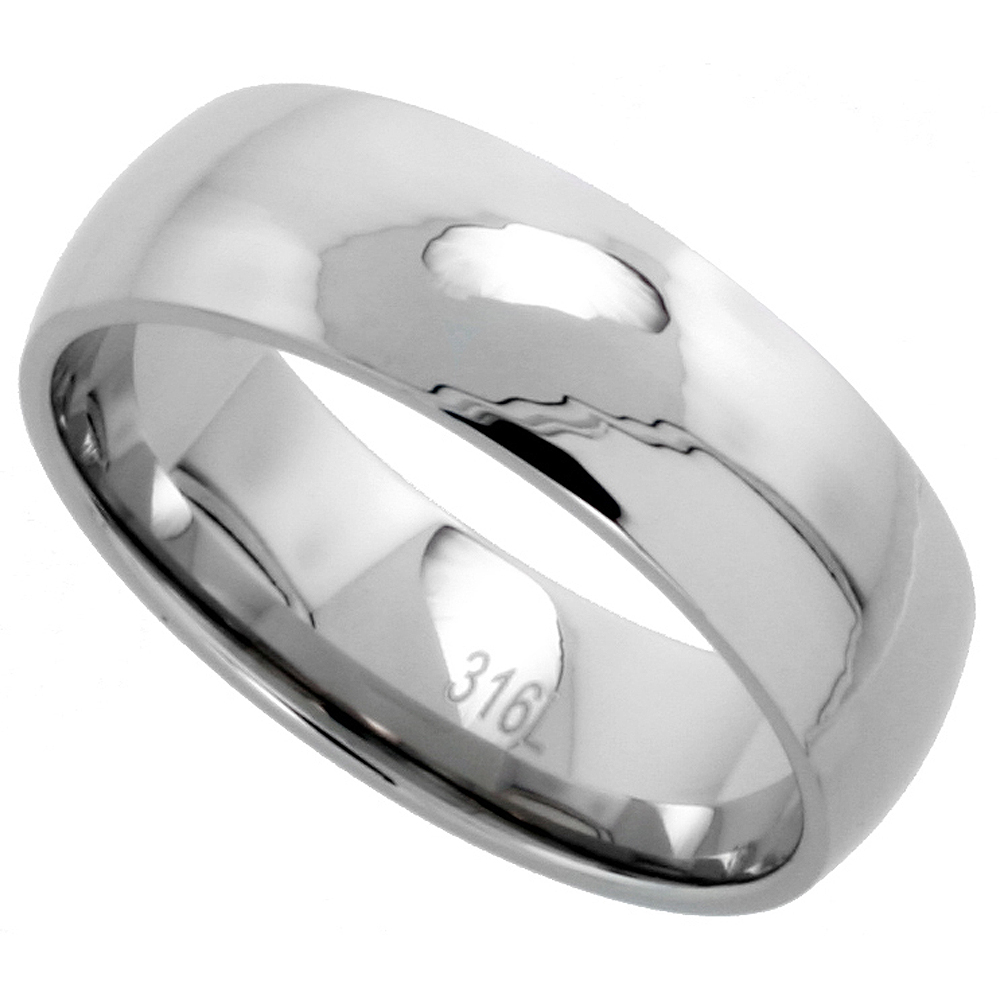 Surgical Stainless Steel Domed 8mm Wedding Band Thumb Ring Comfort-Fit High Polish, sizes 5 - 15