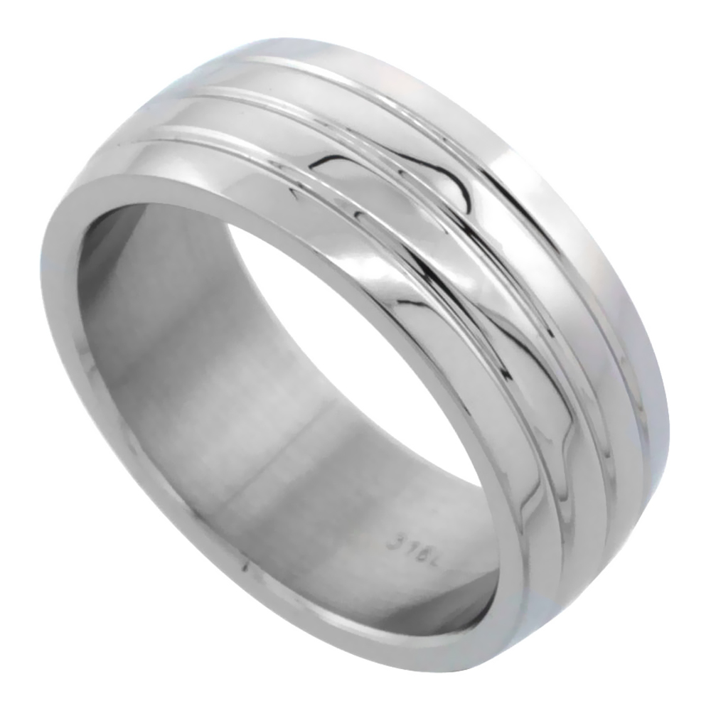 Surgical Stainless Steel Domed 8mm Wedding Band Ring 3 Grooves High Polish, sizes 8 - 15