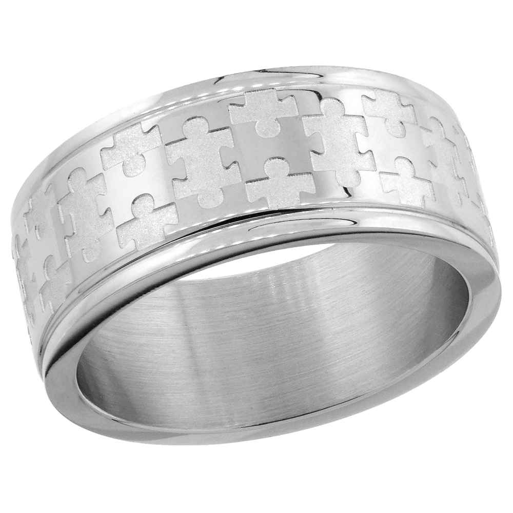 Surgical Stainless Steel 8mm Autism Awareness Jigsaw Puzzle Wedding Band Ring, sizes 8 - 14