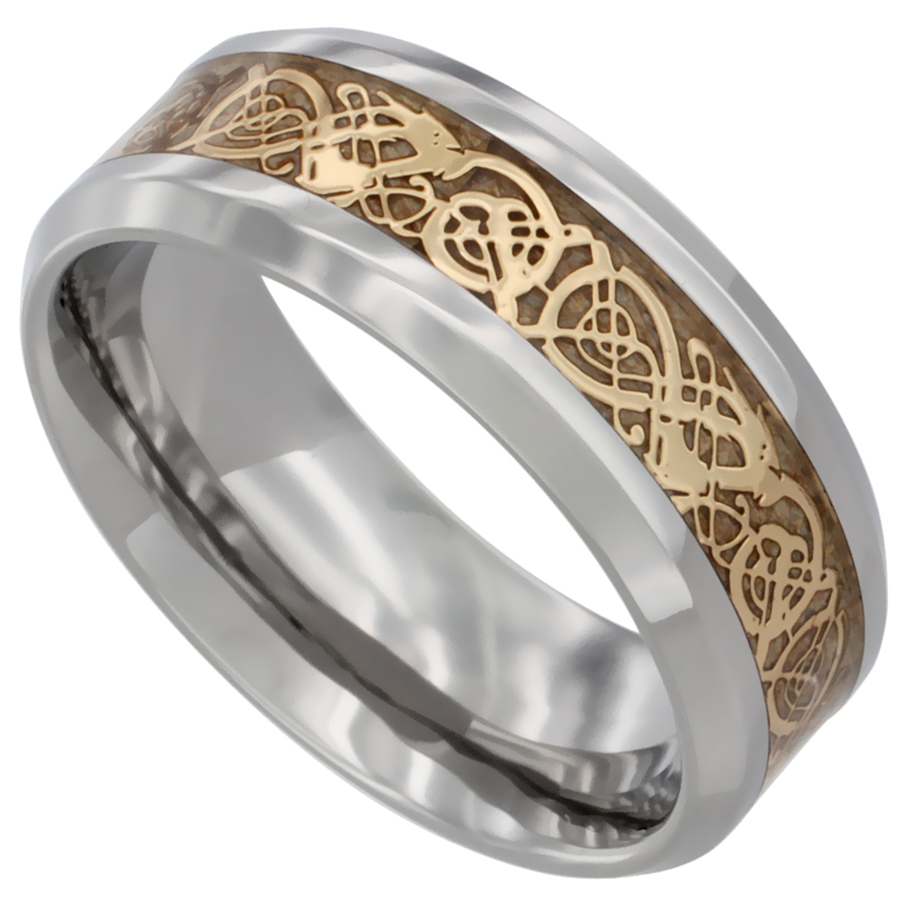 Surgical Stainless Steel 8mm Celtic Dragon Wedding Band Ring Gold Color Comfort Fit, sizes 8 - 12