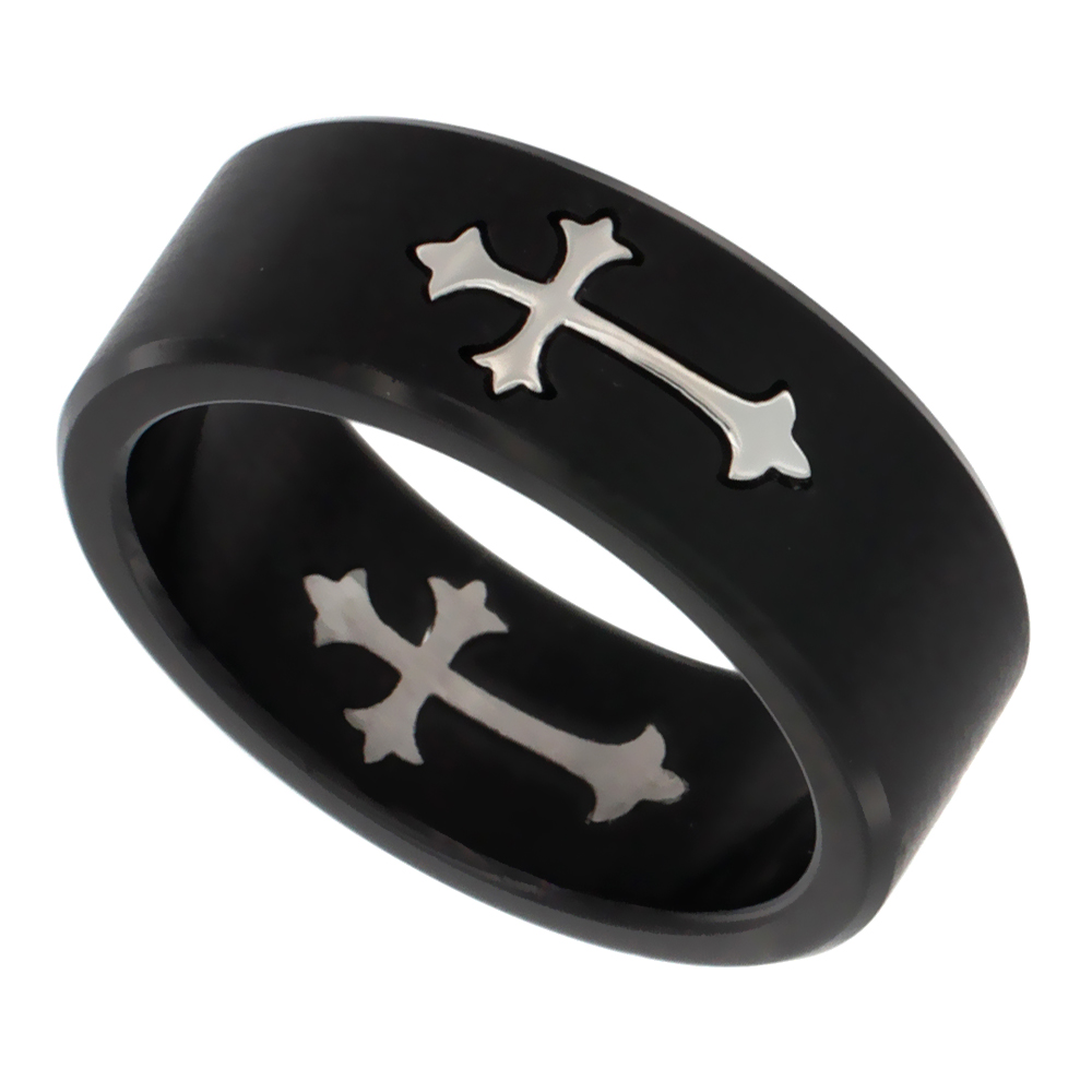 Surgical Stainless Steel Patonce Cross Wedding Band Ring 8mm 2-tone Black Matte Finish, sizes 7 - 13