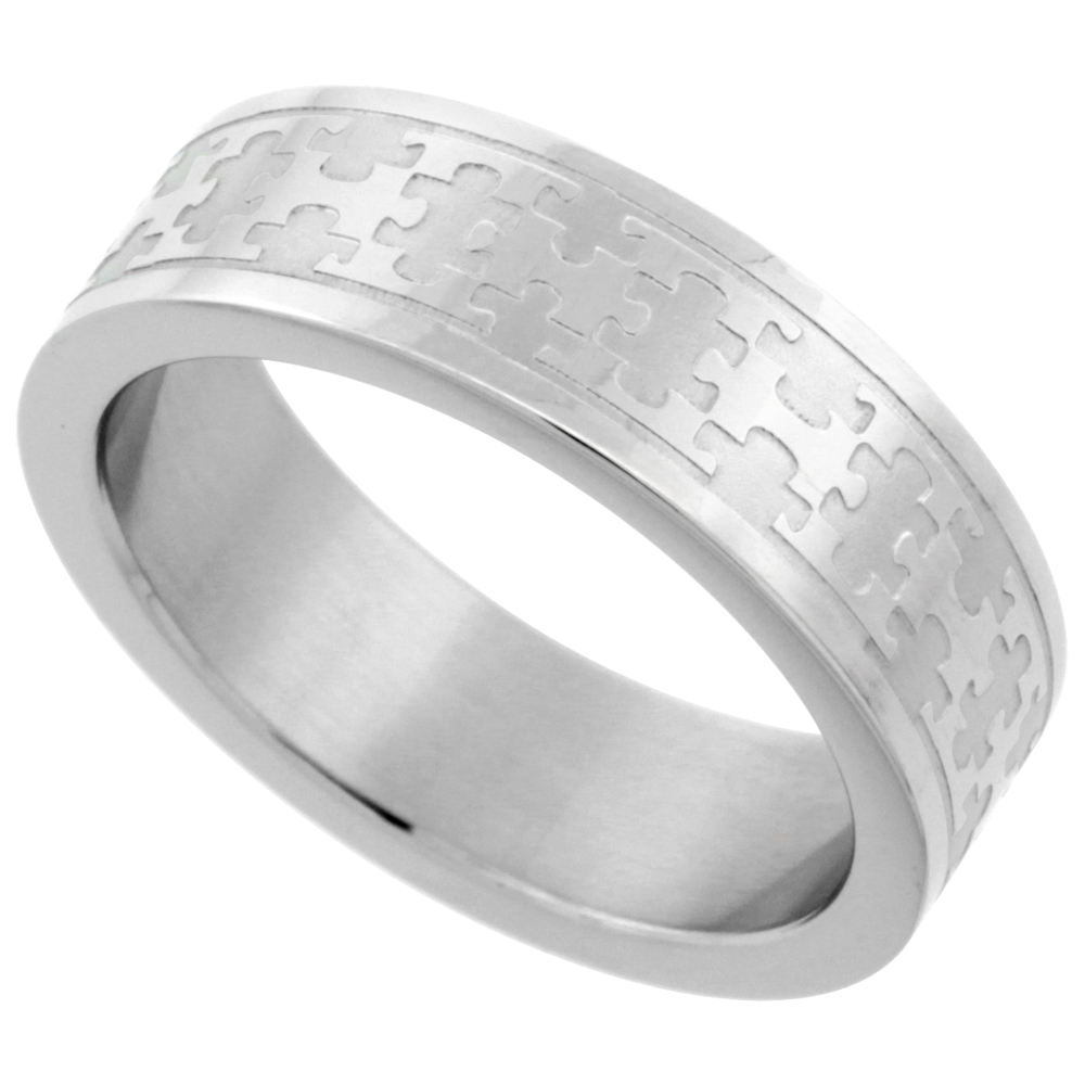 Surgical Stainless Steel 6 mm Autism Awareness Jigsaw Puzzle Wedding Band Ring sizes 5 - 9