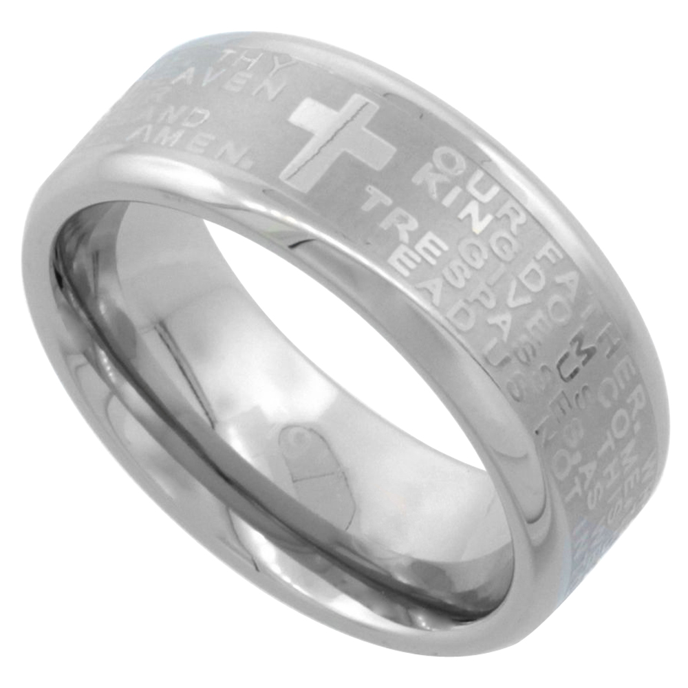 Surgical Stainless Steel 8mm Lord's Prayer Wedding Band Ring Bullnose Edges Comfort-Fit sizes 8 - 14